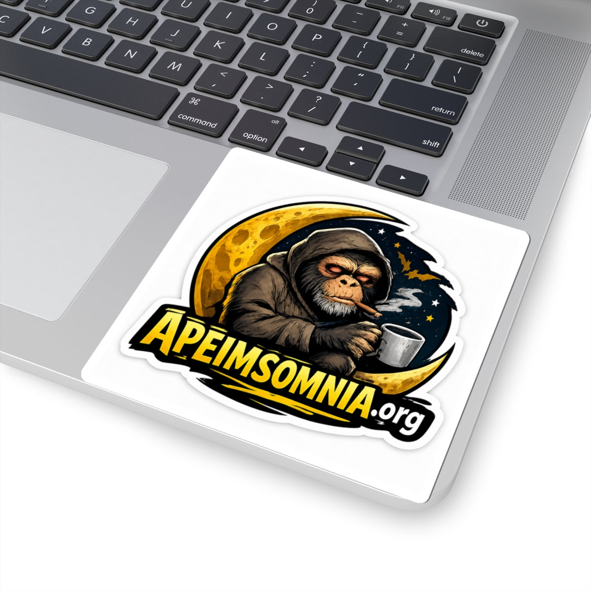 Ape Insomnia Kiss-Cut Sticker — Tired Ape with Coffee Moon Logo (ApeInsomnia.org)