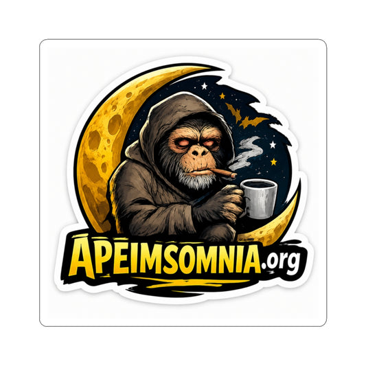 Ape Insomnia Kiss-Cut Sticker — Tired Ape with Coffee Moon Logo (ApeInsomnia.org)