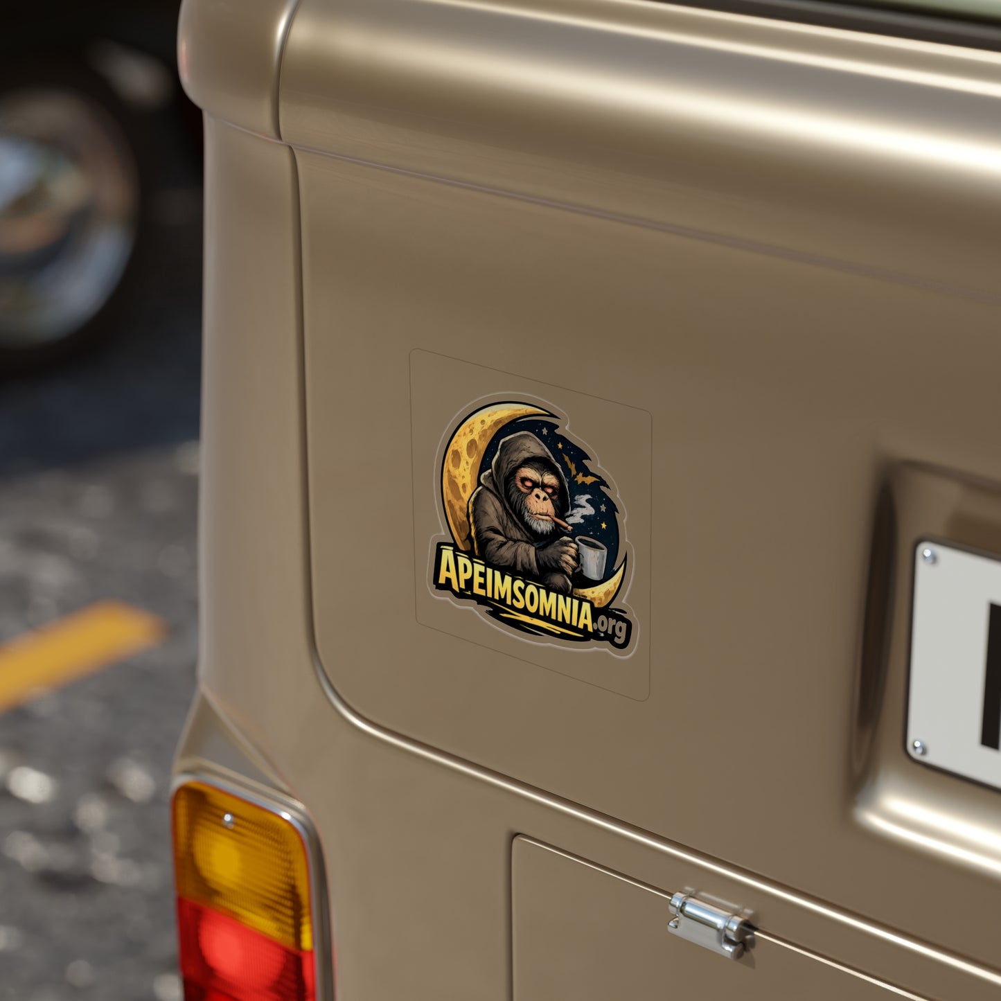 Die-Cut Sticker — Apeinsomnia Logo (Hooded Monkey with Coffee & Moon)