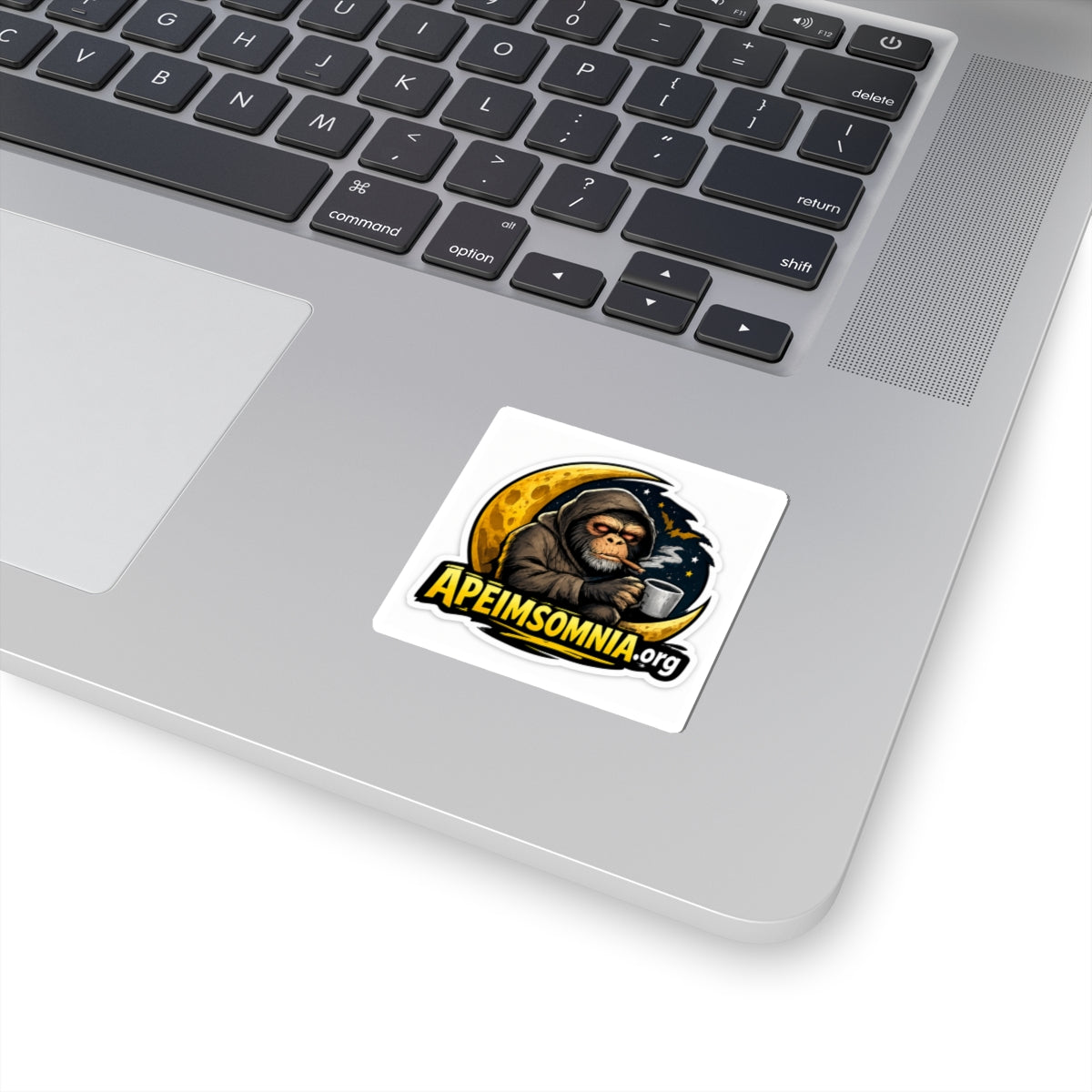 Ape Insomnia Kiss-Cut Sticker — Tired Ape with Coffee Moon Logo (ApeInsomnia.org)