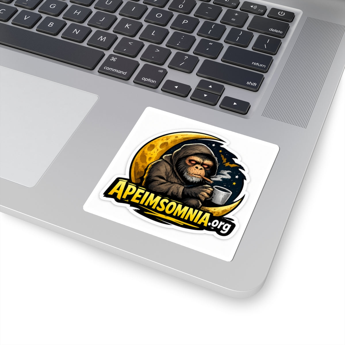 Ape Insomnia Kiss-Cut Sticker — Tired Ape with Coffee Moon Logo (ApeInsomnia.org)