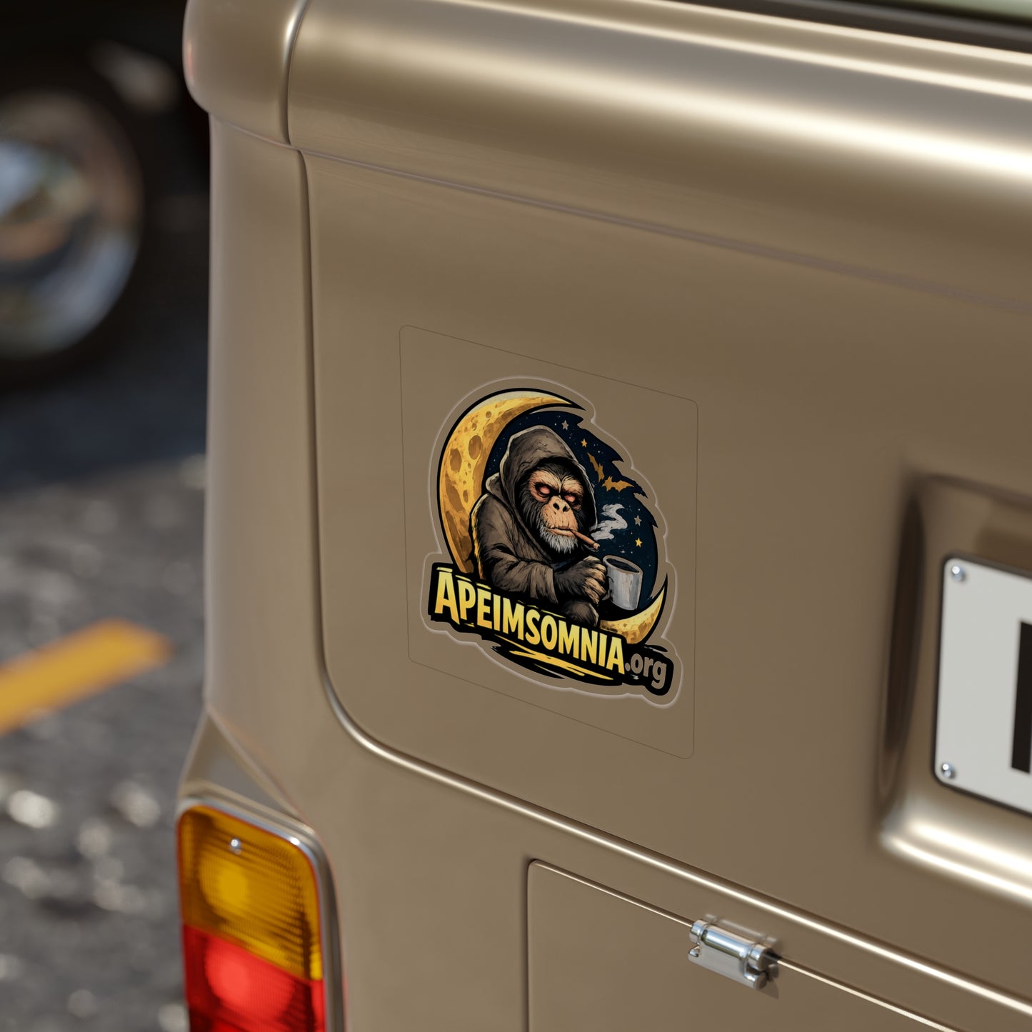 Die-Cut Sticker — Apeinsomnia Logo (Hooded Monkey with Coffee & Moon)