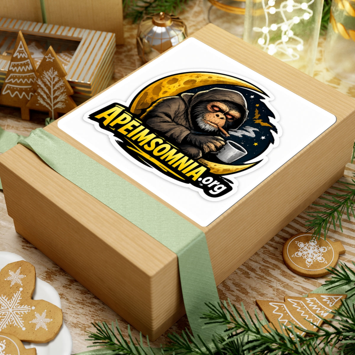 Ape Insomnia Kiss-Cut Sticker — Tired Ape with Coffee Moon Logo (ApeInsomnia.org)
